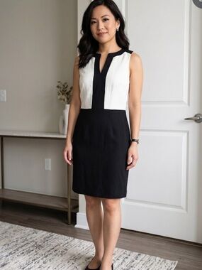 Banana Republic Black and White V-Notch Sheath Dress in Petite size 12